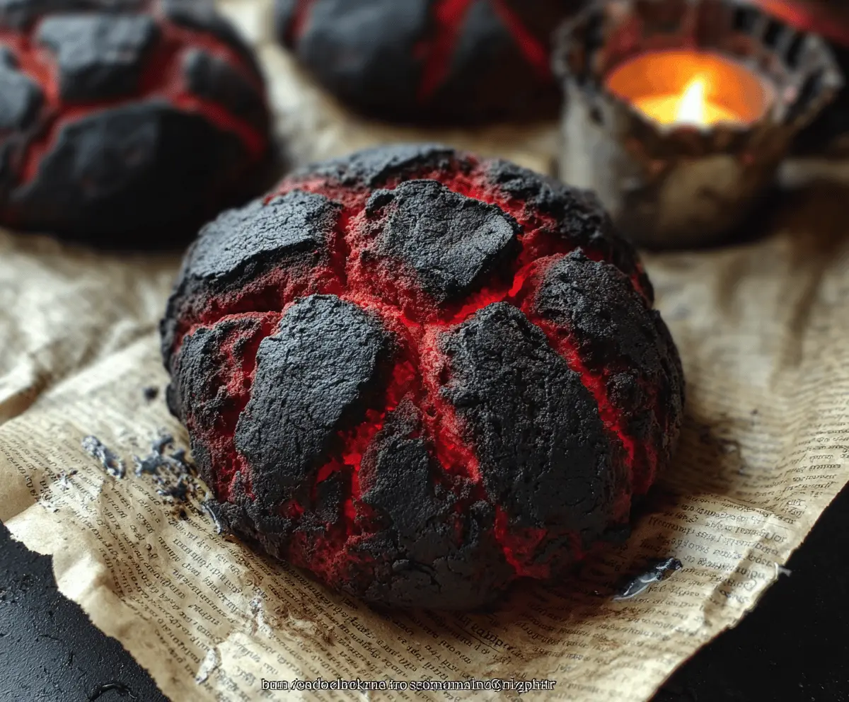 A spooky Halloween Brimstone Bread with fiery red and orange colors, shaped like a devil's mouth with jagged edges and gooey cheese filling, perfect for a festive haunted celebration.