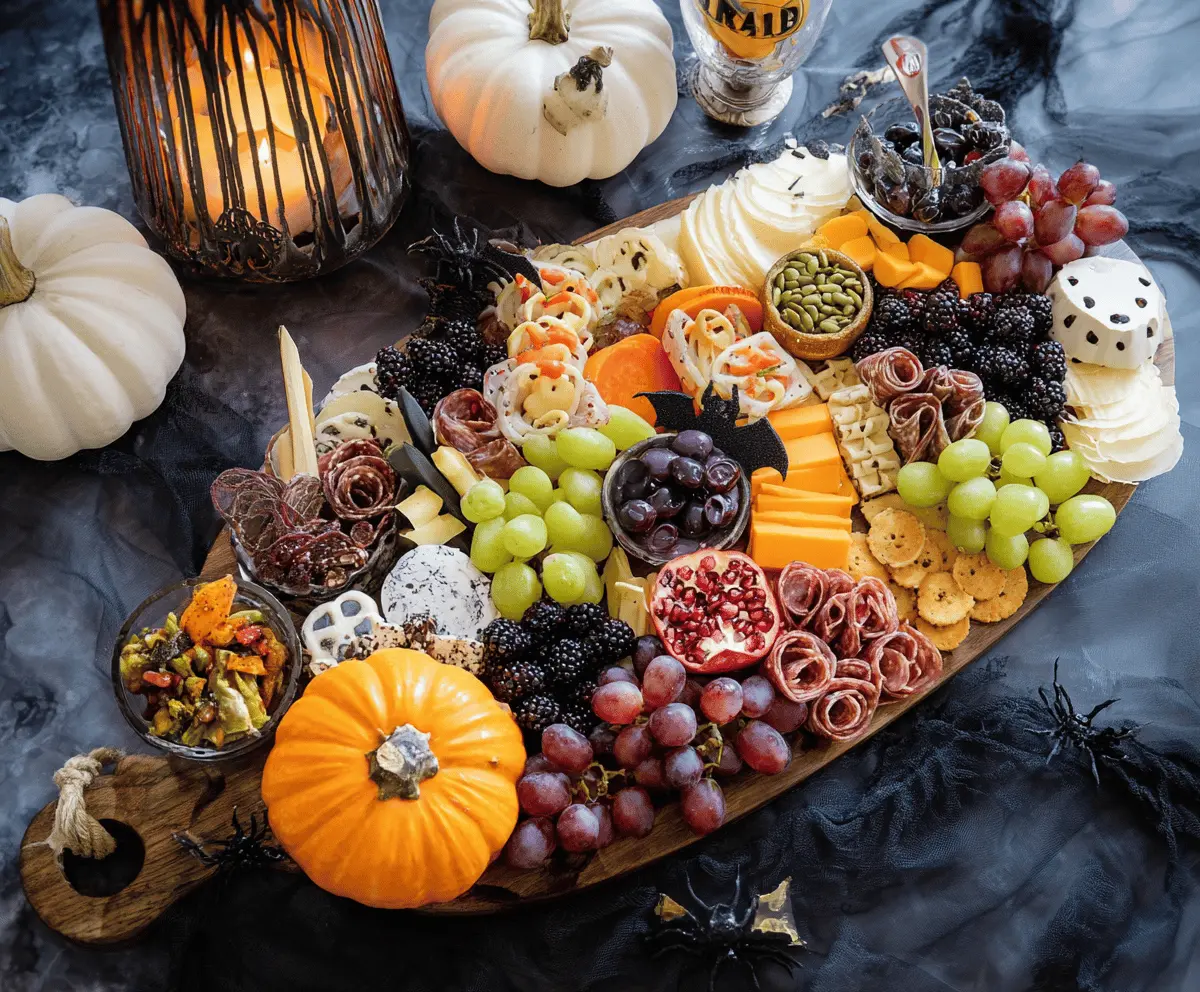 Halloween Charcuterie Board with spooky themed cheeses, cured meats, candies, and festive garnishes for a holiday party centerpiece.