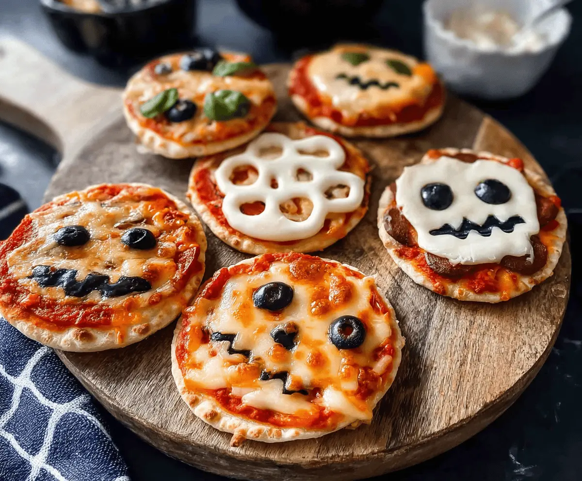 Mini Halloween-themed pizzas with spooky face toppings on a baking tray, perfect for festive parties and Halloween snacks