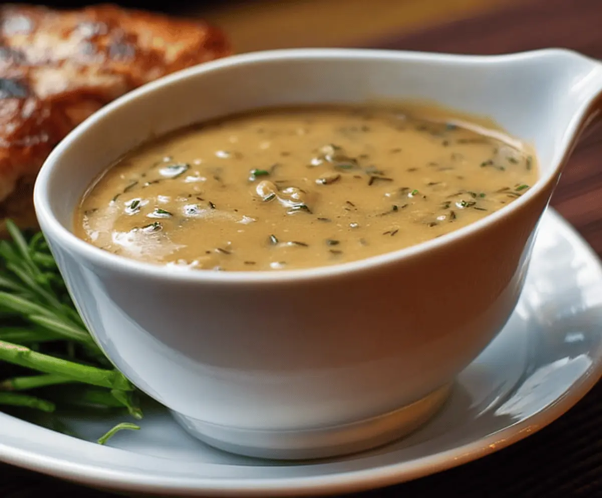 Delicious herbed turkey gravy served over a festive holiday meal