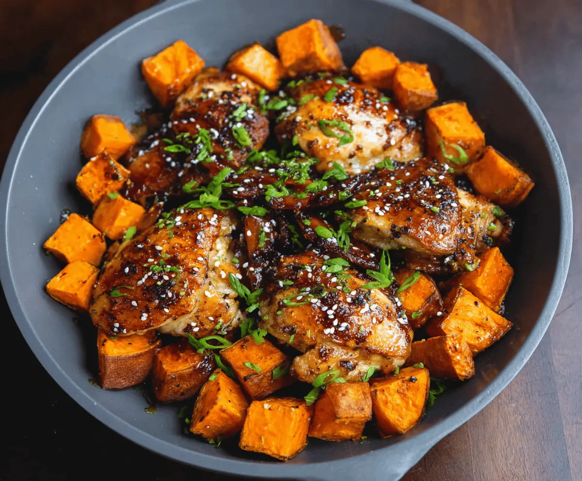 Delicious honey garlic chicken served with roasted sweet potatoes, garnished with fresh herbs on a white plate.