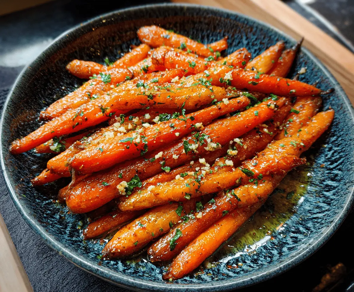 Delicious honey glazed carrots garnished with fresh herbs, served on a white plate.