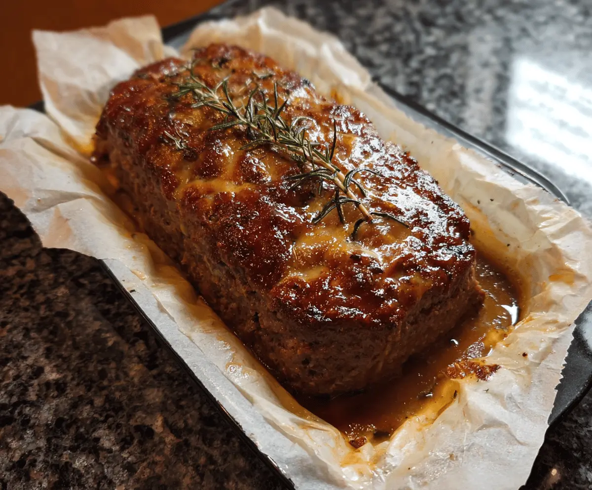 Savory honey mustard glazed meatloaf garnished with fresh herbs on a white plate