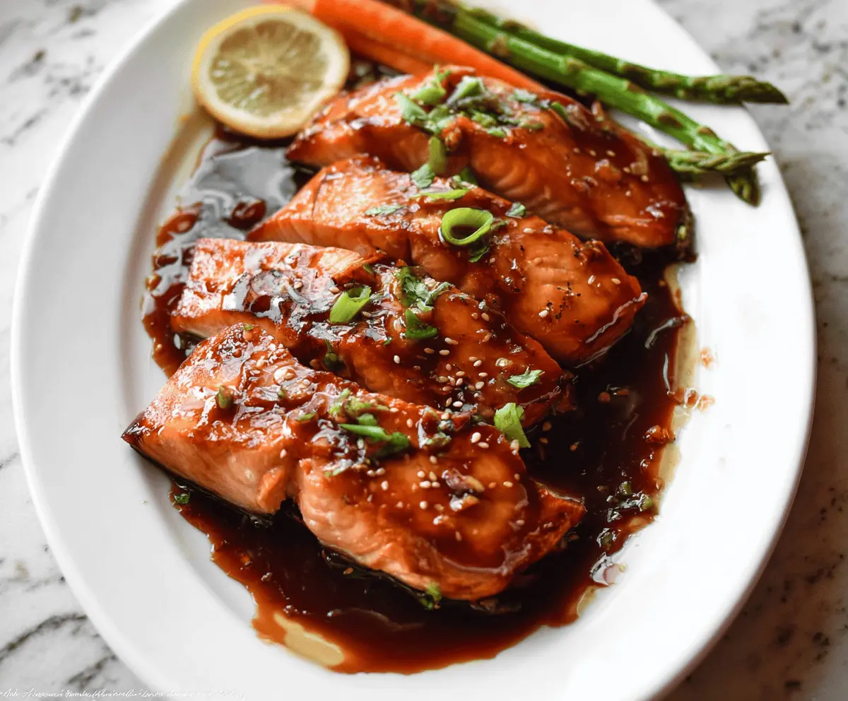 Delicious honey soy sauce glazed salmon fillet garnished with fresh herbs on a white plate, served with steamed vegetables