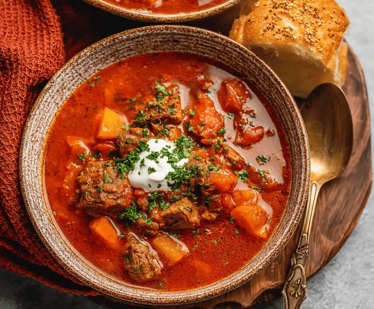 Hearty Hungarian Goulash in a rustic bowl with tender beef, vegetables, and rich paprika sauce served with fresh bread