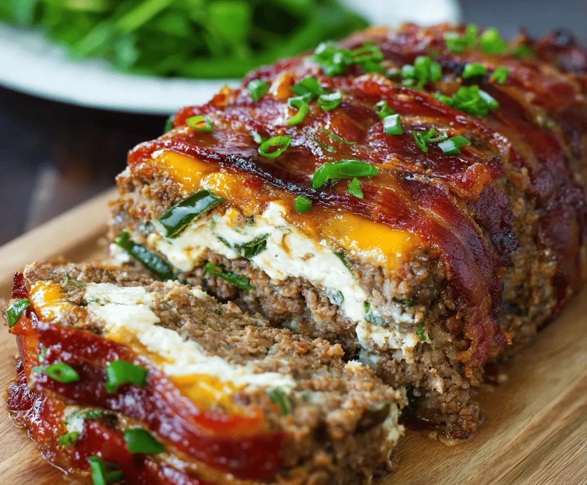 Juicy Jalapeño Popper Meatloaf topped with melted cheese and crispy bacon slices on a baking dish, ready to serve