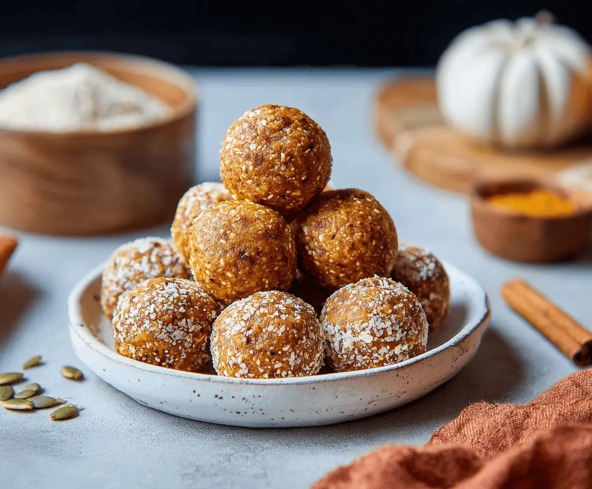 Keto cottage cheese pumpkin spice energy balls on a plate, healthy low-carb snack with pumpkin spice flavor