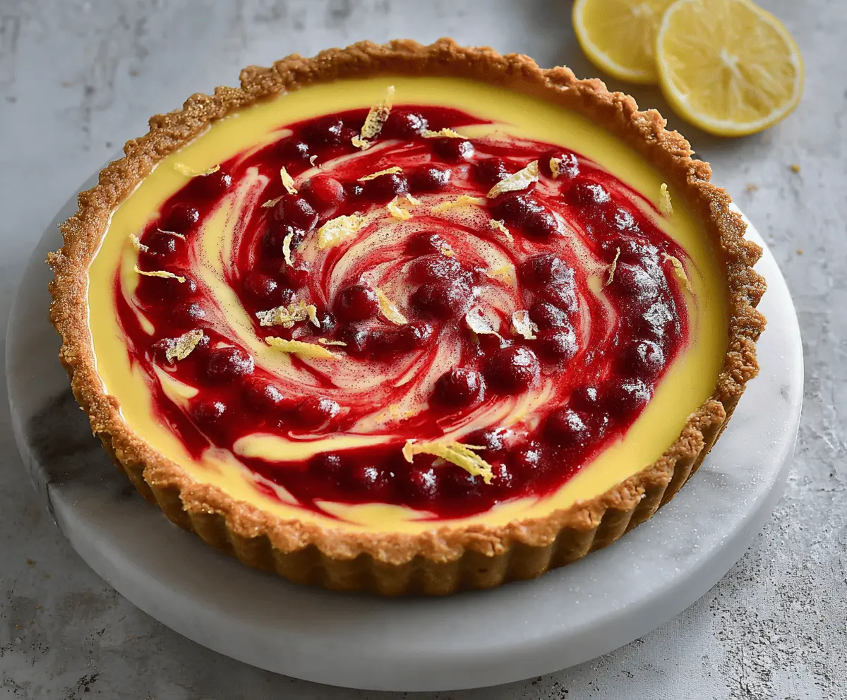 Delicious Lemon Cranberry Tart topped with fresh cranberries and lemon slices, served on a white ceramic plate.