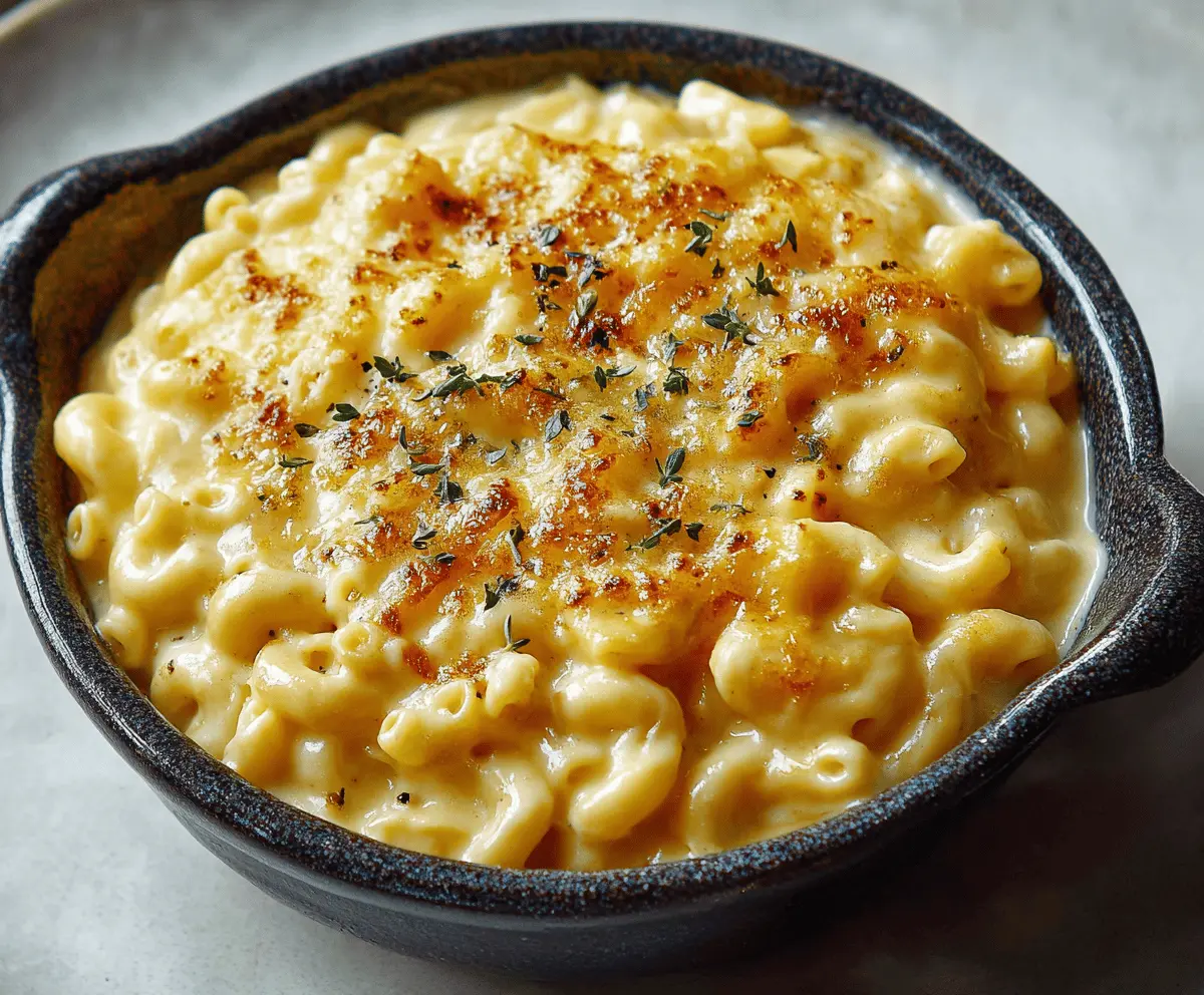 Creamy homemade mac and cheese served in a bowl, topped with melted cheese and parsley.
