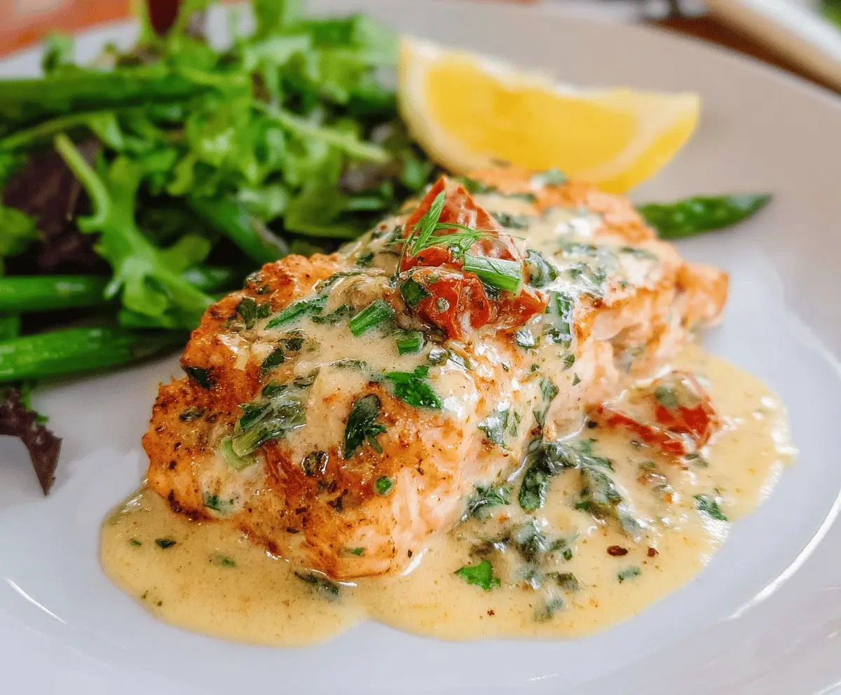 Delicious Marry Me Creamy Herb Salmon topped with fresh herbs and served with rich garlic butter sauce, perfect for a gourmet seafood meal