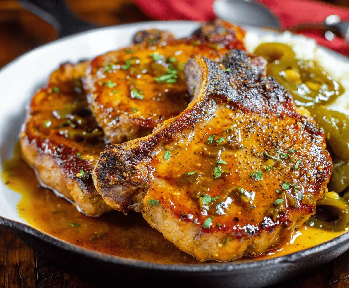 Juicy Mississippi Pork Chops with a flavorful herb crust on a serving plate.