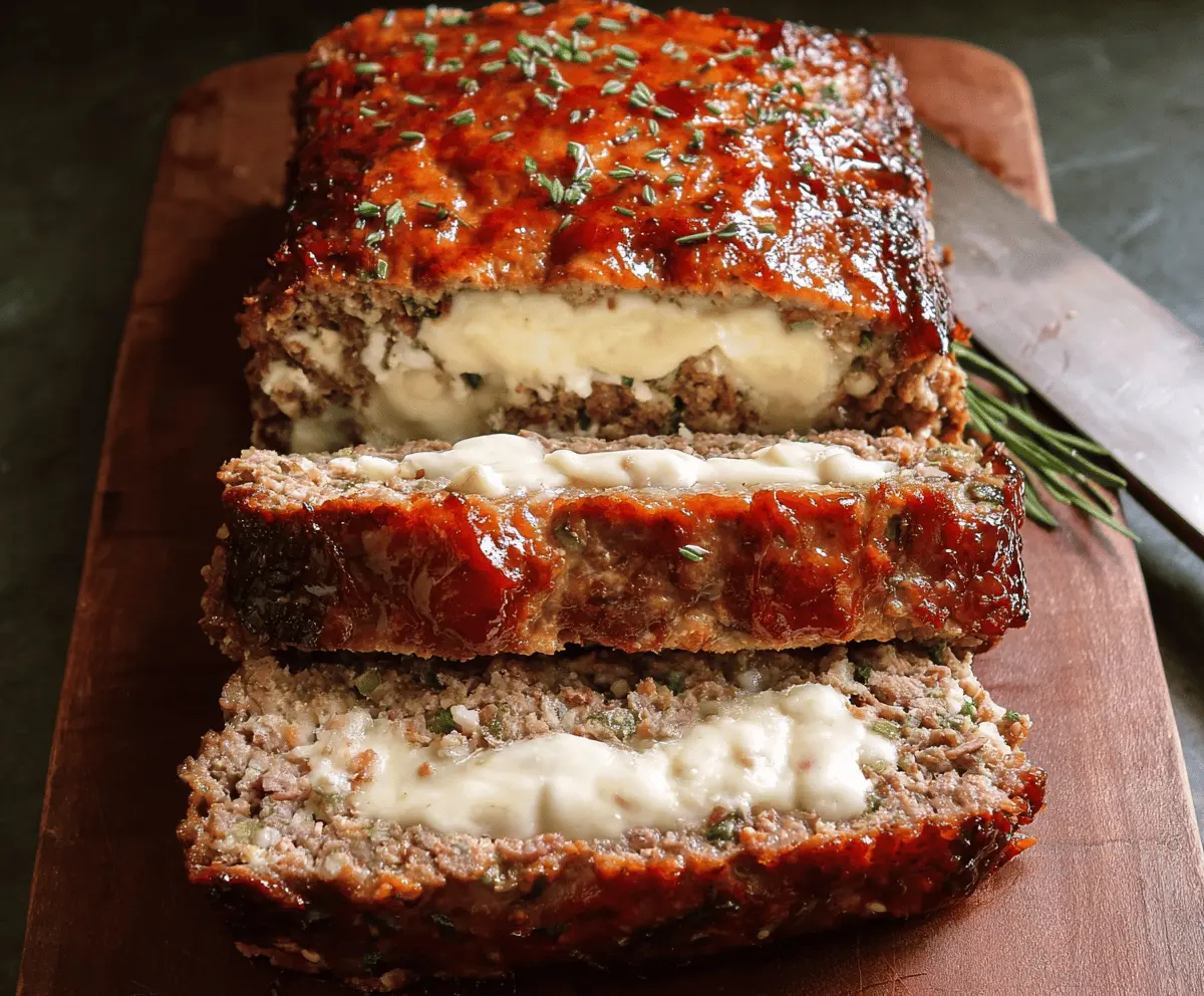 Delicious mozzarella-stuffed meatloaf garnished with fresh herbs, perfect for a hearty dinner