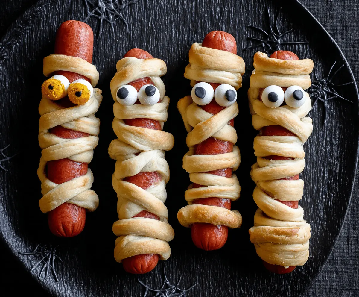Plate of spooky Mummy Hot Dogs wrapped in crescent roll dough with cute candy eyes, perfect for Halloween parties.
