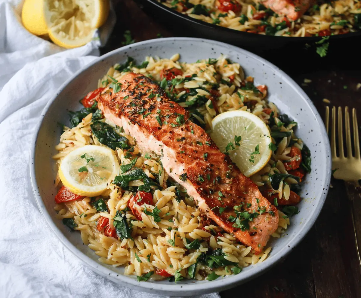 Delicious one skillet salmon with lemon orzo dish featuring perfectly cooked salmon fillet, zesty lemon orzo pasta, fresh herbs, and vibrant lemon wedges, served on a white plate