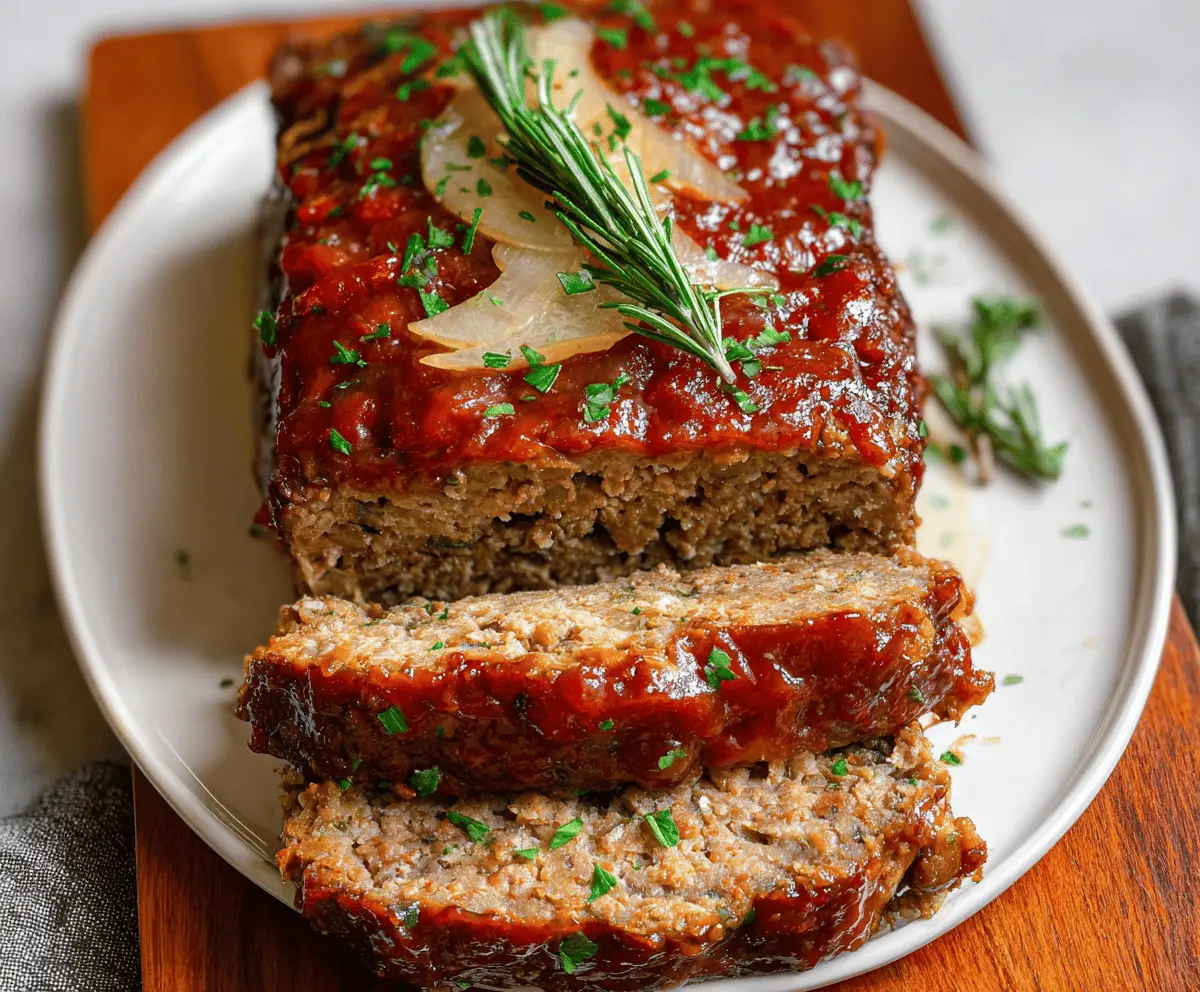 Delicious homemade meatloaf seasoned with onion soup mix, served on a plate with mashed potatoes and vegetables