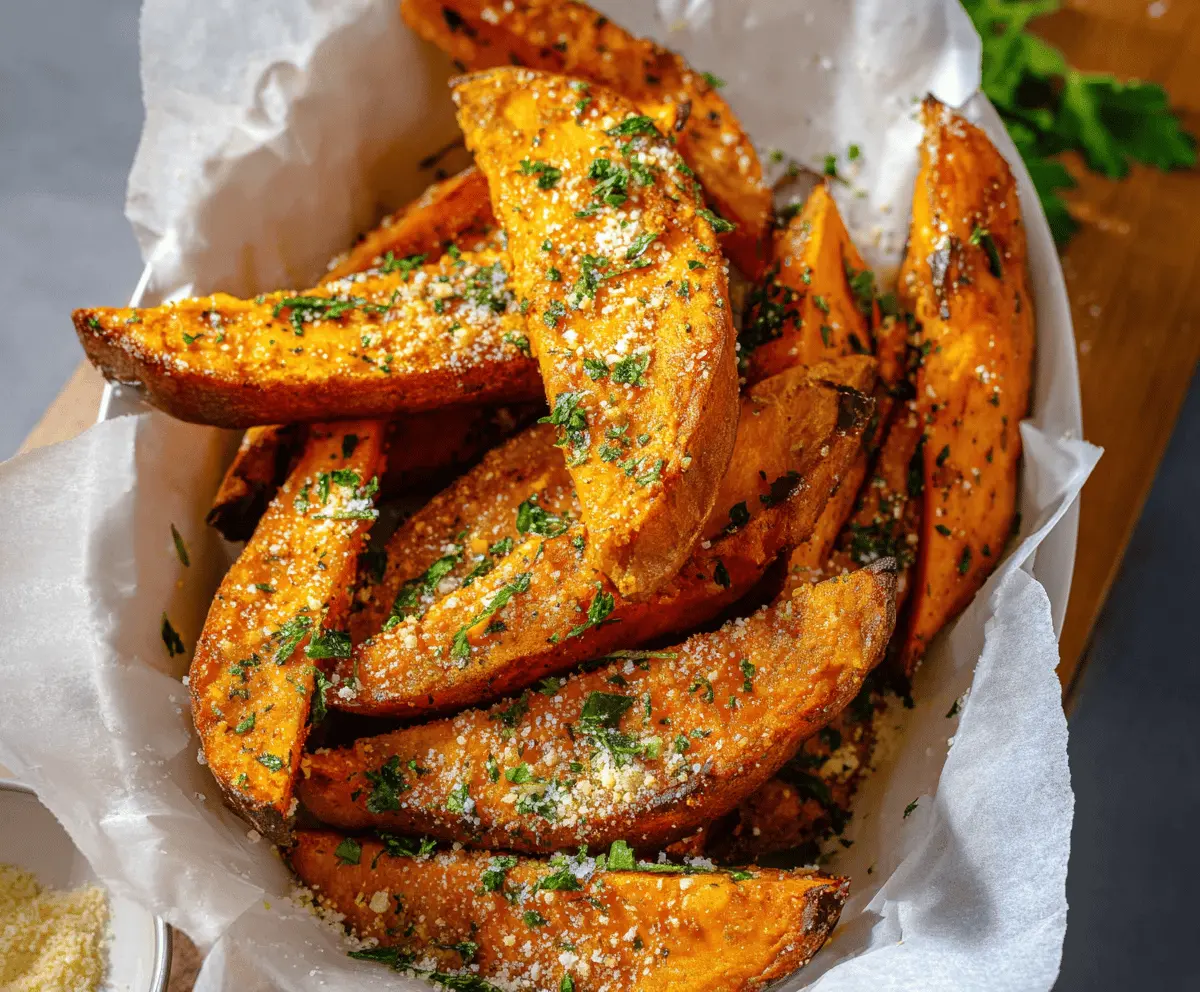Golden baked Parmesan garlic sweet potato wedges seasoned with herbs and garnished with fresh parsley, perfect for a healthy snack or side dish.