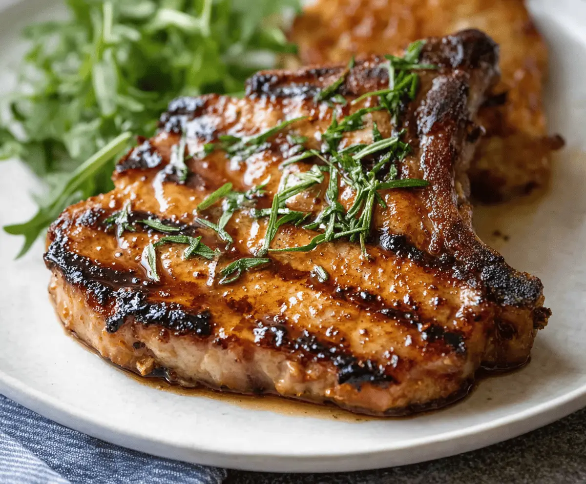 Juicy pork chop marinated in flavorful herbs and spices ready for grilling or baking.