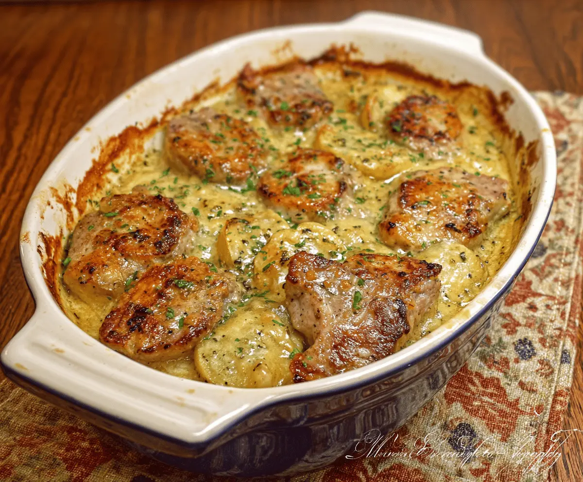 Delicious pork chops served with creamy scalloped potatoes casserole on a plate, garnished with herbs and vegetables