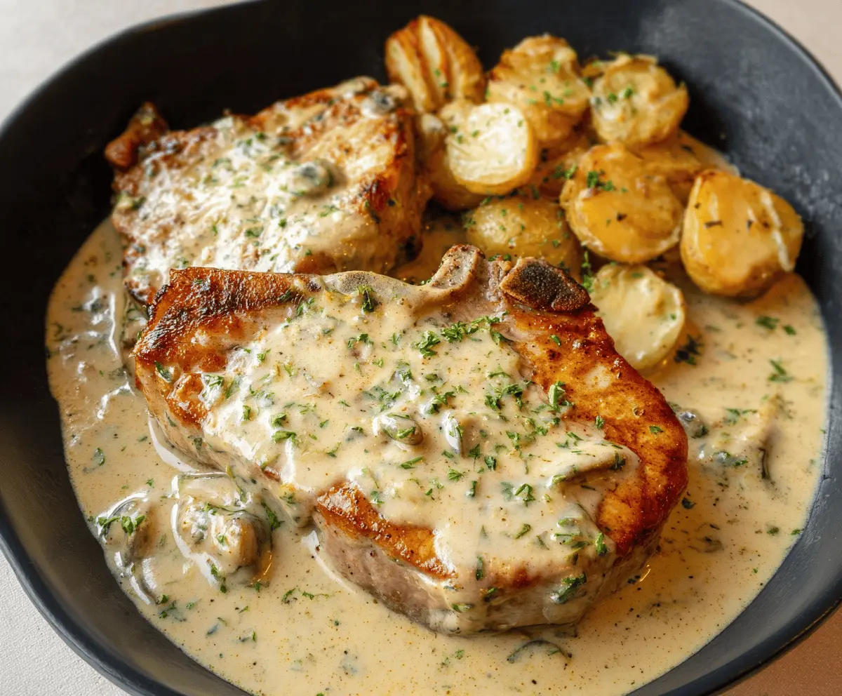 Juicy pork chops topped with rich, creamy garlic sauce served on a white plate garnished with fresh herbs.