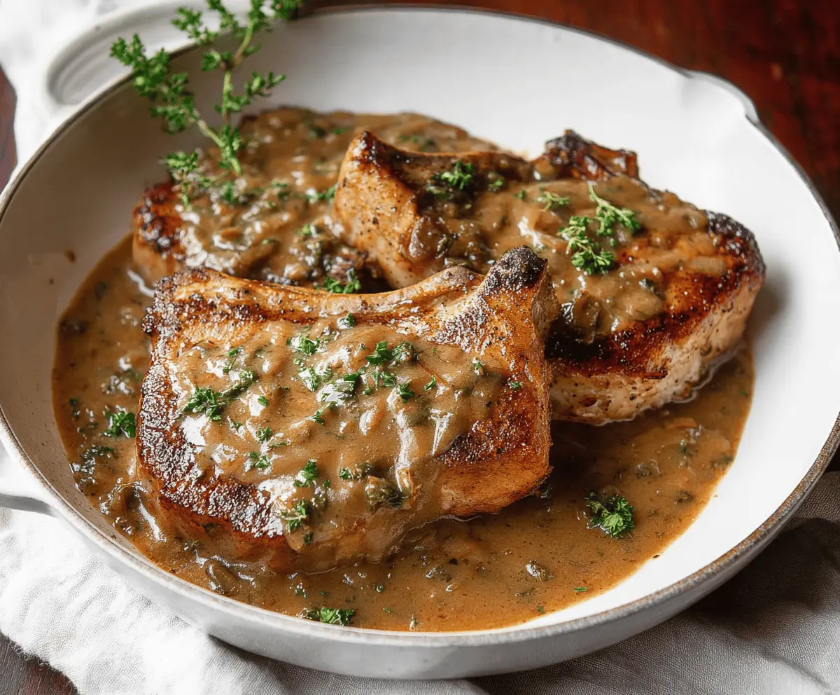 Delicious pork chops topped with savory pan gravy served on a white plate with side vegetables.