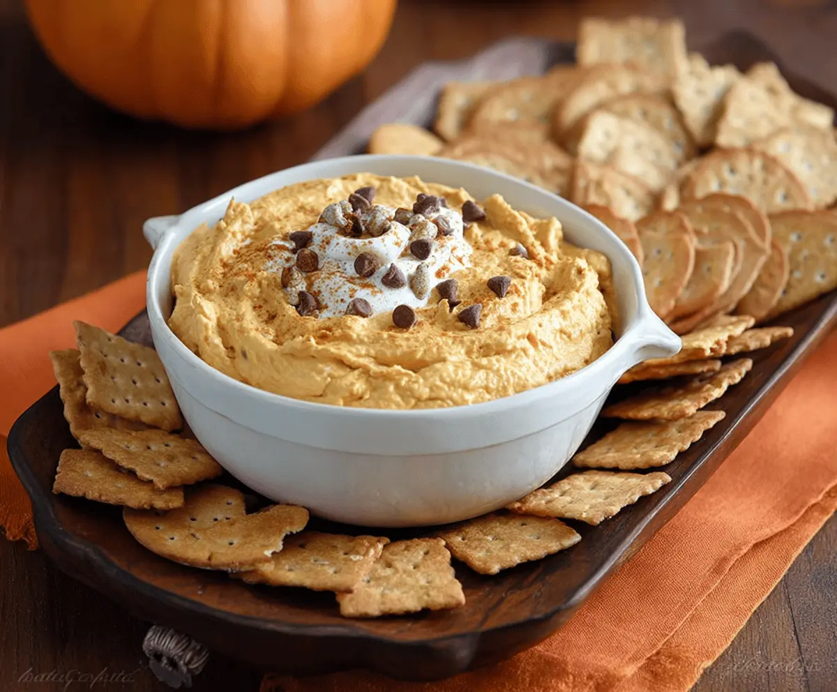 Creamy Pumpkin Cannoli Dip topped with chocolate chips and crushed cannoli shells, served in a decorative bowl for a festive fall dessert