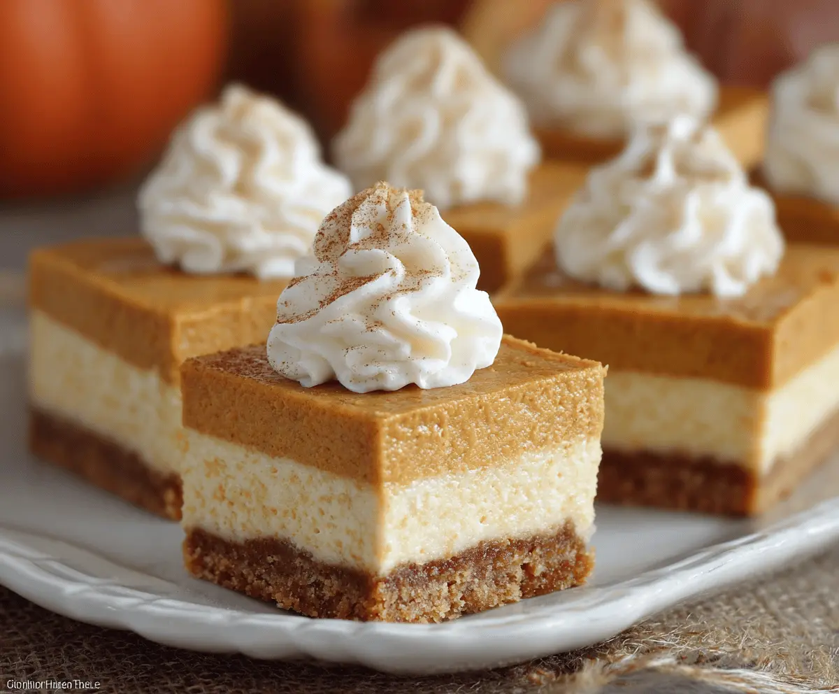 Creamy pumpkin cheesecake bars topped with whipped cream and graham cracker crust for a delicious fall dessert.
