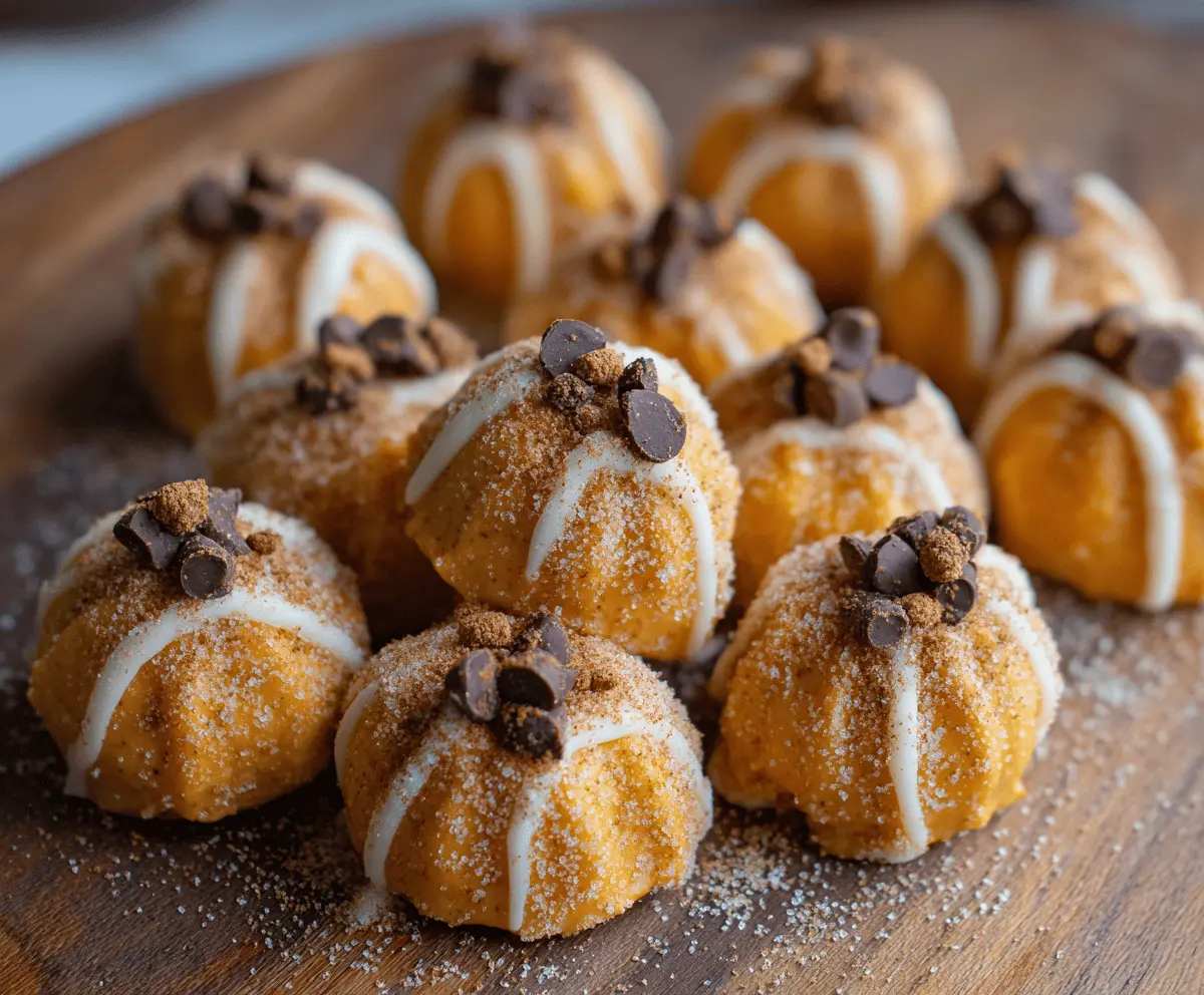 Creamy pumpkin cheesecake truffles coated in chocolate, perfect for fall desserts and holiday treats.