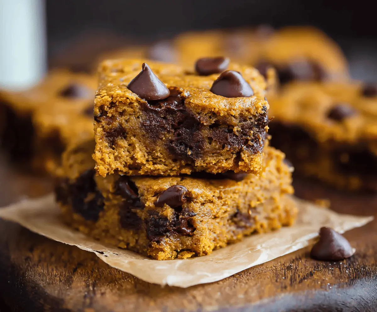 Delicious homemade pumpkin chocolate chip bars with a golden crust and rich chocolate chunks, perfect for fall dessert or snack