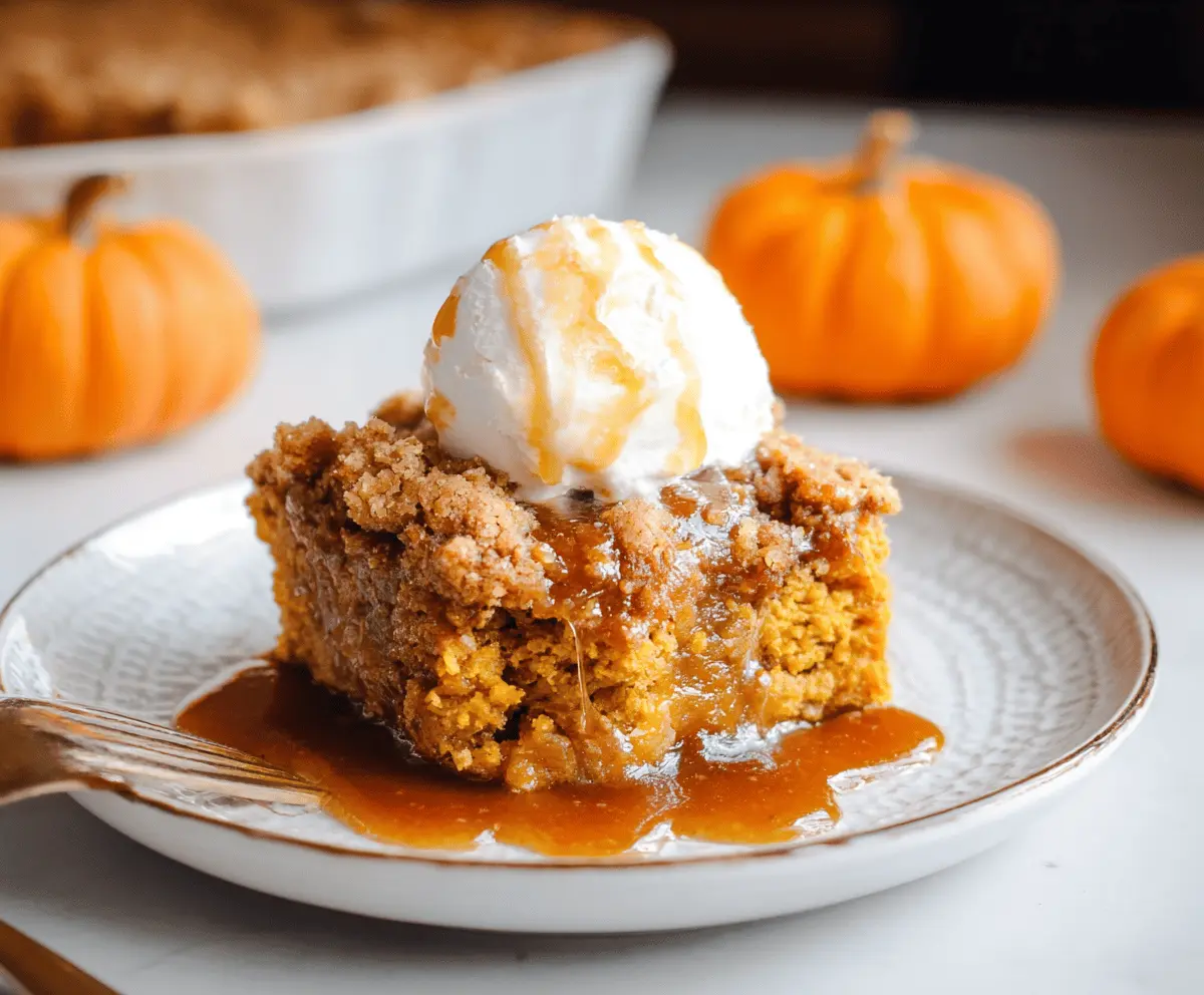 Delicious homemade Pumpkin Dump Cake topped with whipped cream and cinnamon for a perfect fall dessert