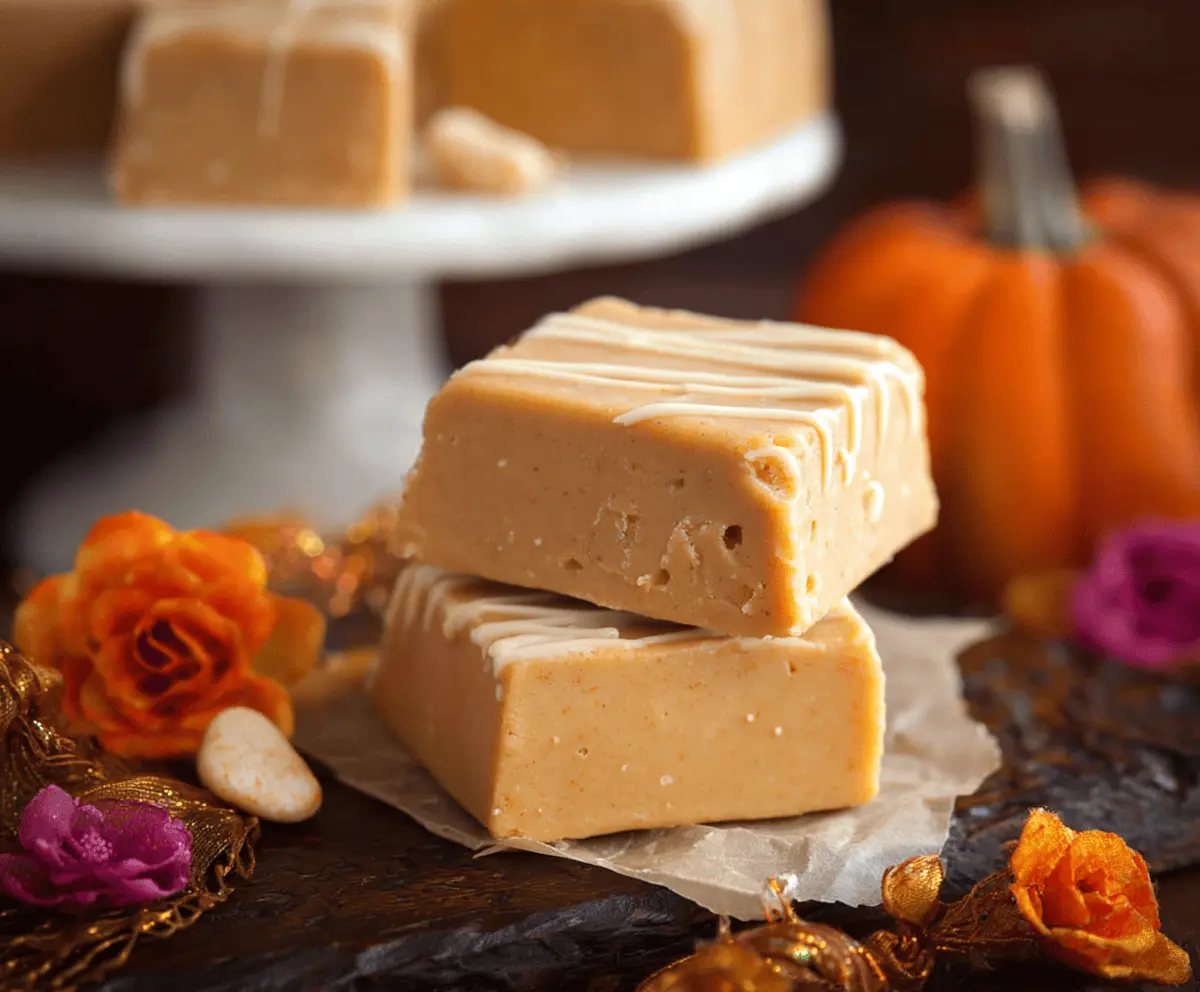 Creamy homemade pumpkin fudge topped with chopped nuts, perfect for fall desserts and holiday treats.