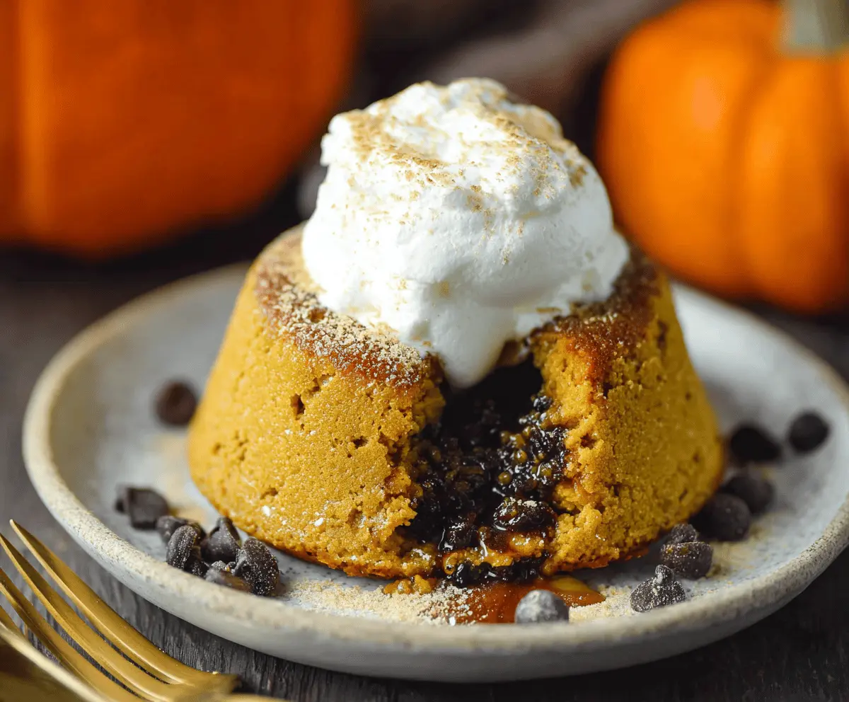 Delicious pumpkin lava cake with a molten center, topped with whipped cream and garnished with cinnamon for a perfect fall dessert.