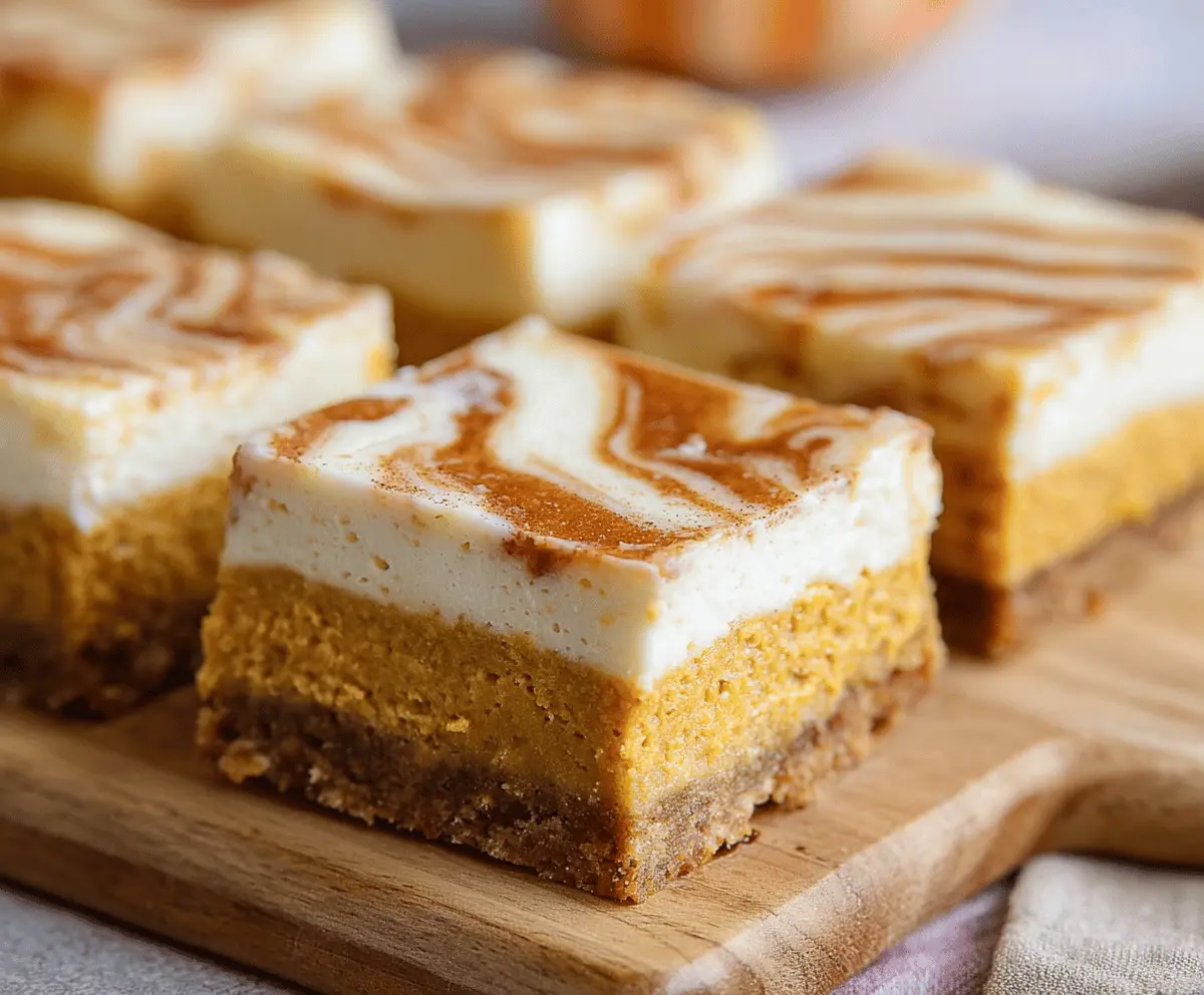 Creamy pumpkin pie cheesecake bars topped with whipped cream and a graham cracker crust, perfect for fall desserts.