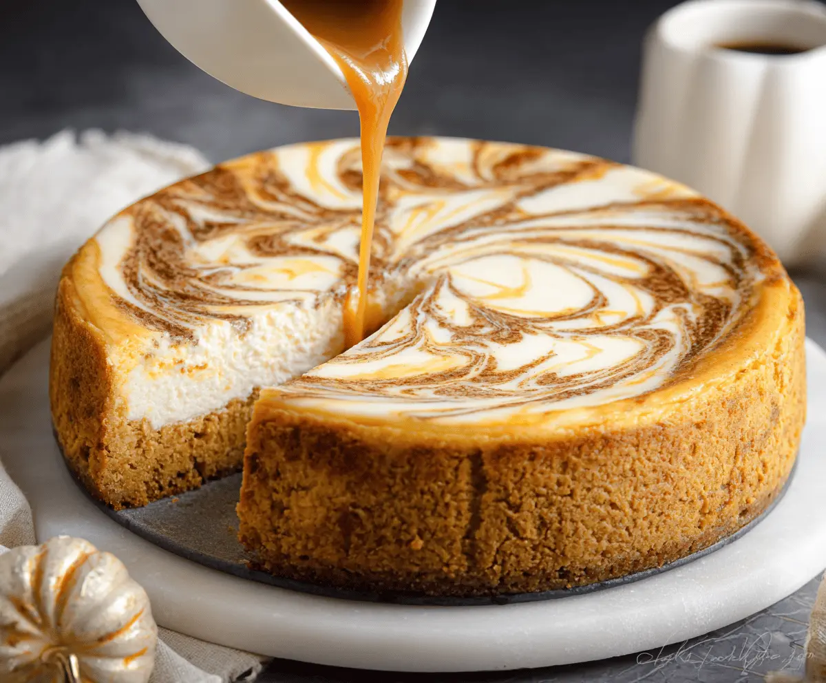 Creamy pumpkin swirl cheesecake topped with whipped cream and a cinnamon graham cracker crust, perfect for fall desserts.