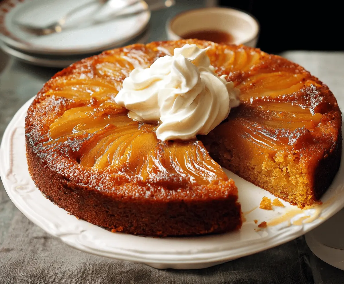 Delicious pumpkin upside down cake topped with caramelized pumpkin slices and whipped cream, perfect for fall desserts