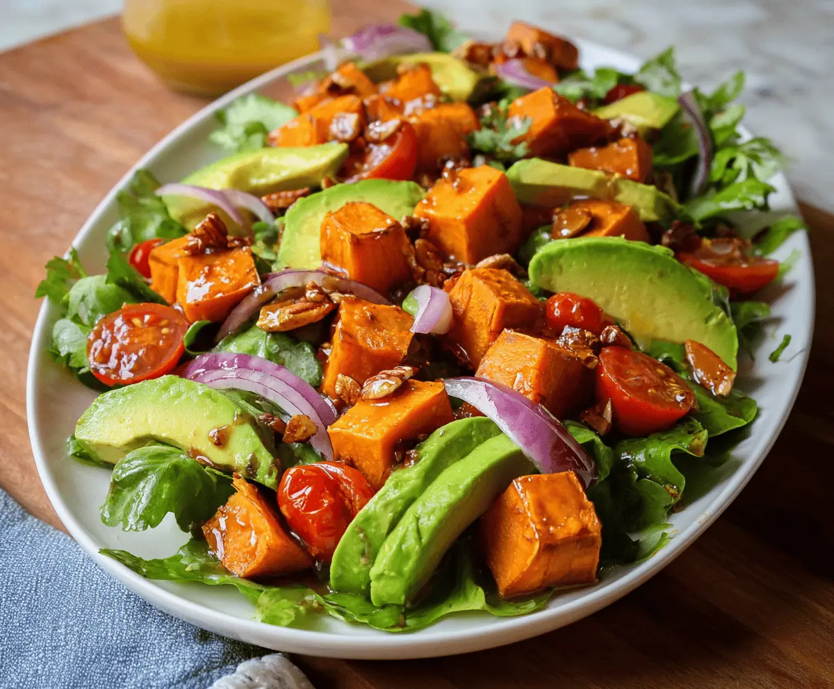 Colorful roasted sweet potato and creamy avocado salad with fresh greens and herbs, perfect for healthy eating