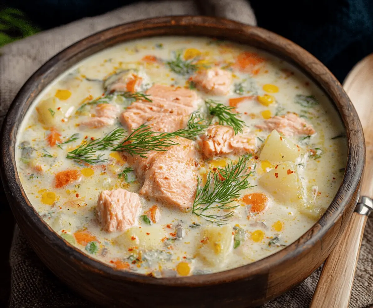 Creamy salmon chowder soup with fresh salmon chunks, vegetables, and herbs in a bowl, perfect for a comforting seafood meal.