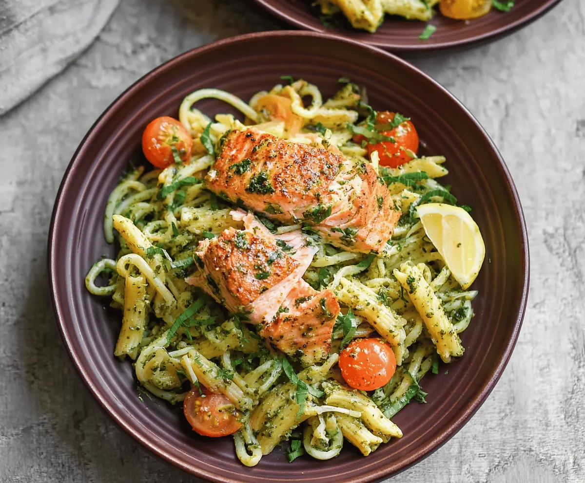 Creamy salmon pesto pasta topped with fresh basil and grated Parmesan cheese on a white plate.