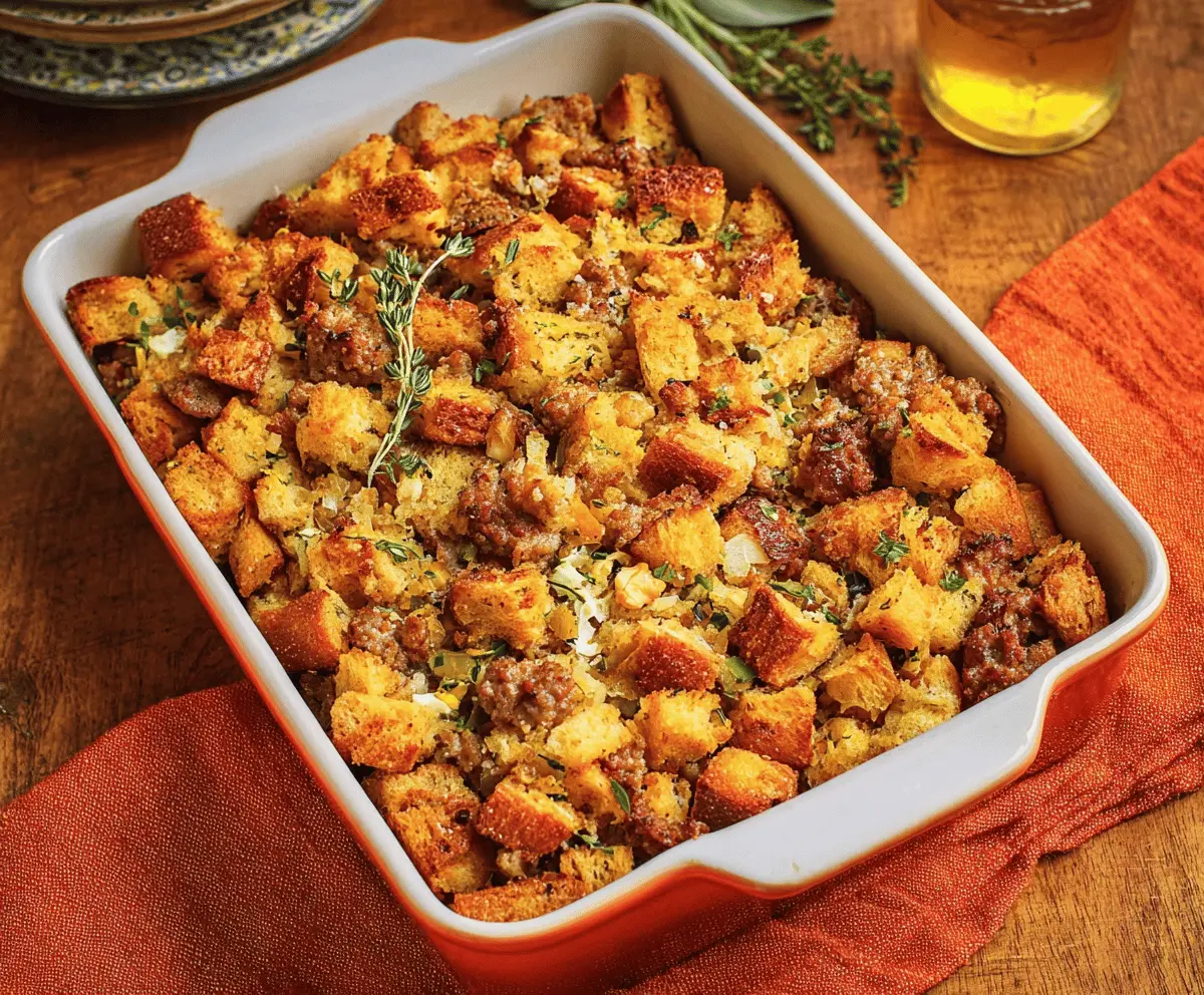 Delicious sausage stuffing ready to serve, perfect for holiday dinners and festive gatherings.