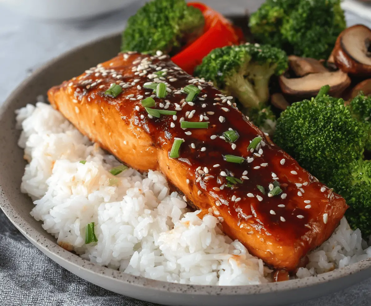 Delicious savory teriyaki salmon fillet garnished with green onions and sesame seeds, served with fresh vegetables on a white plate.