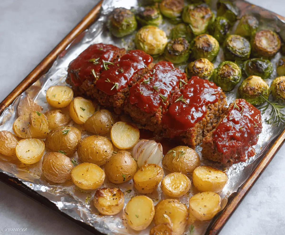 Delicious sheet pan meatloaf with roasted potatoes and vegetables ready for serving.
