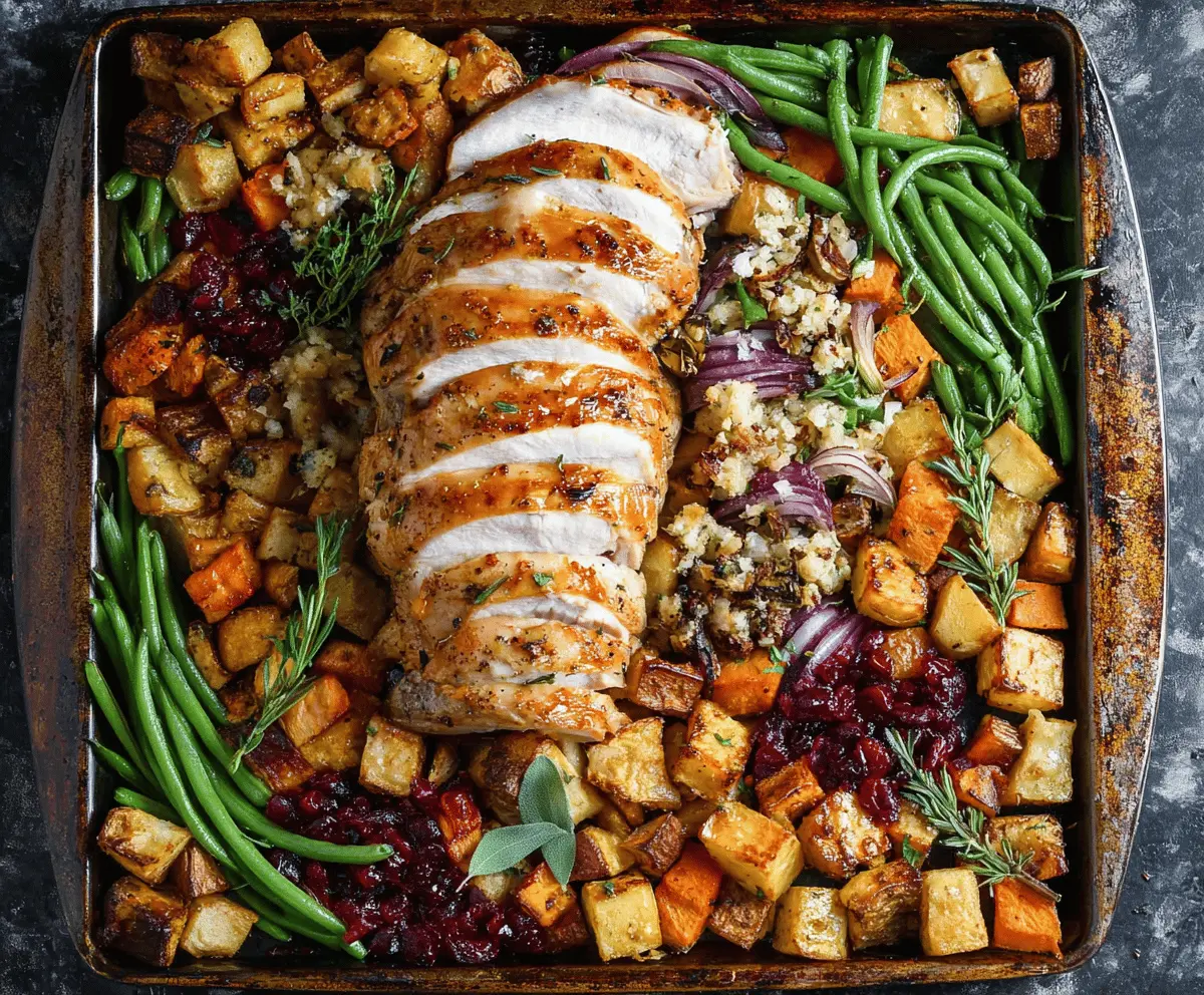 Delicious sheet pan turkey dinner with vegetables and cranberry sauce for a complete holiday meal.