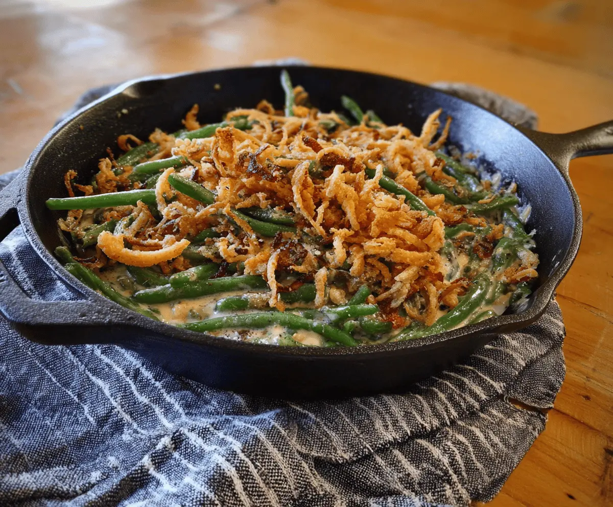 Delicious skillet green bean casserole topped with crispy onions, perfect for a comforting holiday side dish.