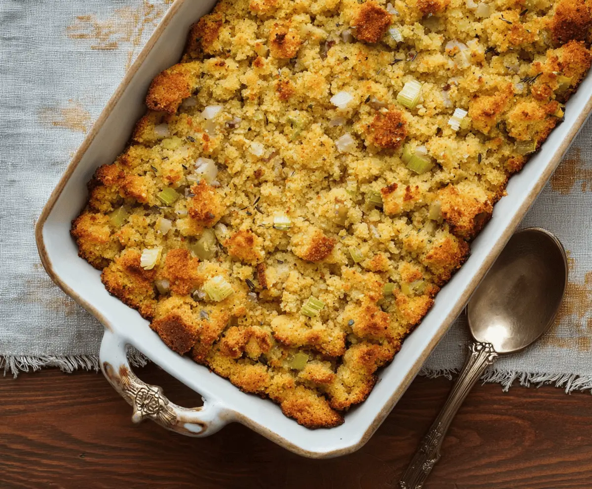 Delicious Southern Cornbread Dressing served on a festive holiday plate.