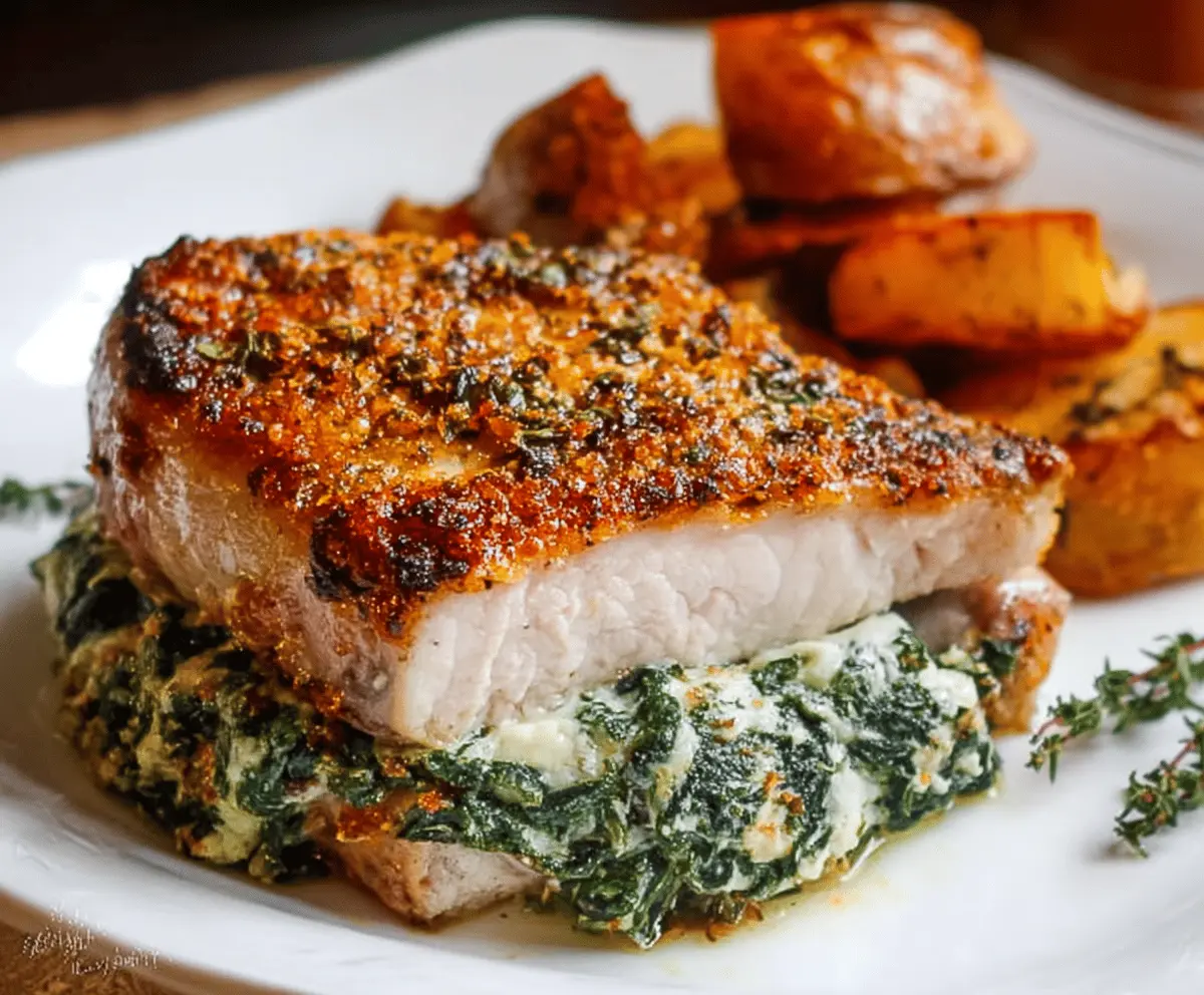 Juicy pork chops stuffed with spinach and melted cheese, served on a white plate, perfect for a delicious and hearty dinner.
