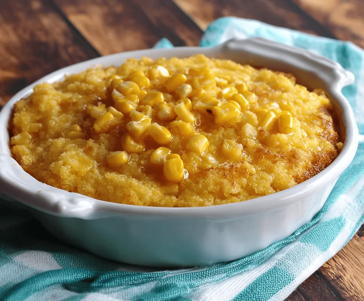 Delicious sweet corn casserole served in a rustic dish, perfect for family dinners and holiday celebrations.