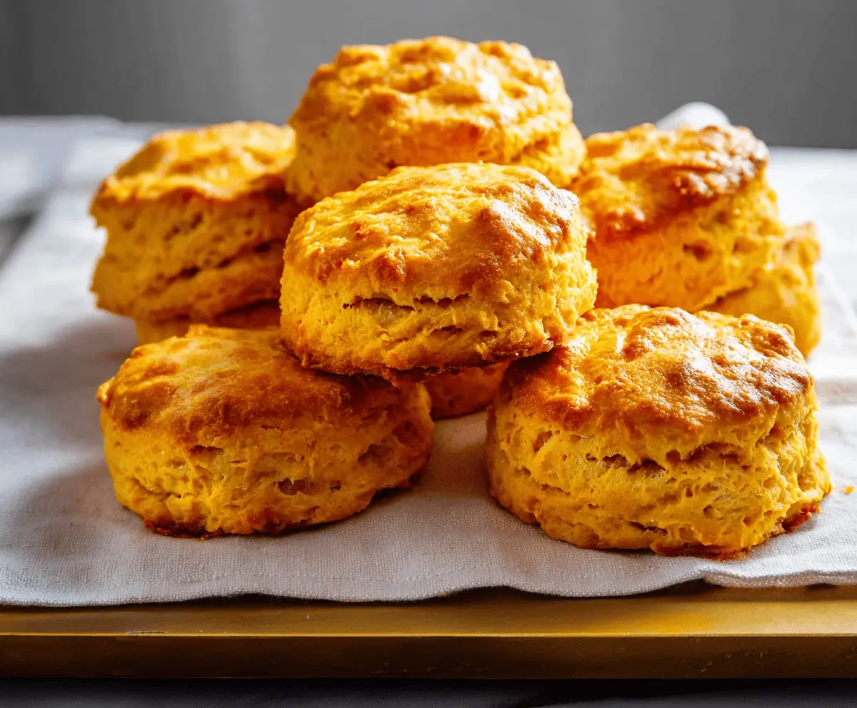Golden-brown sweet potato biscuits fresh out of the oven, showcasing their fluffy texture and deliciously flaky layers.