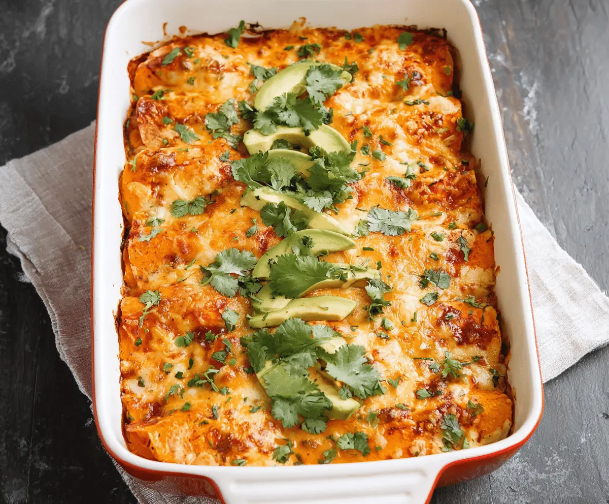 Delicious sweet potato chicken enchiladas topped with melted cheese and fresh cilantro, served on a white plate