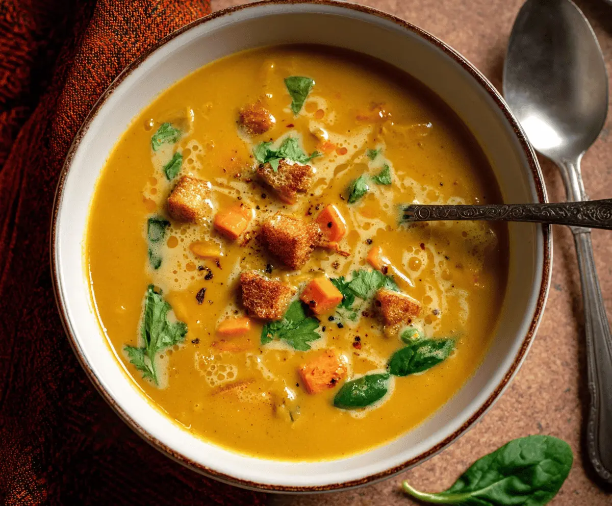 Creamy sweet potato curry soup garnished with fresh herbs in a bowl, served with crusty bread on a rustic table.
