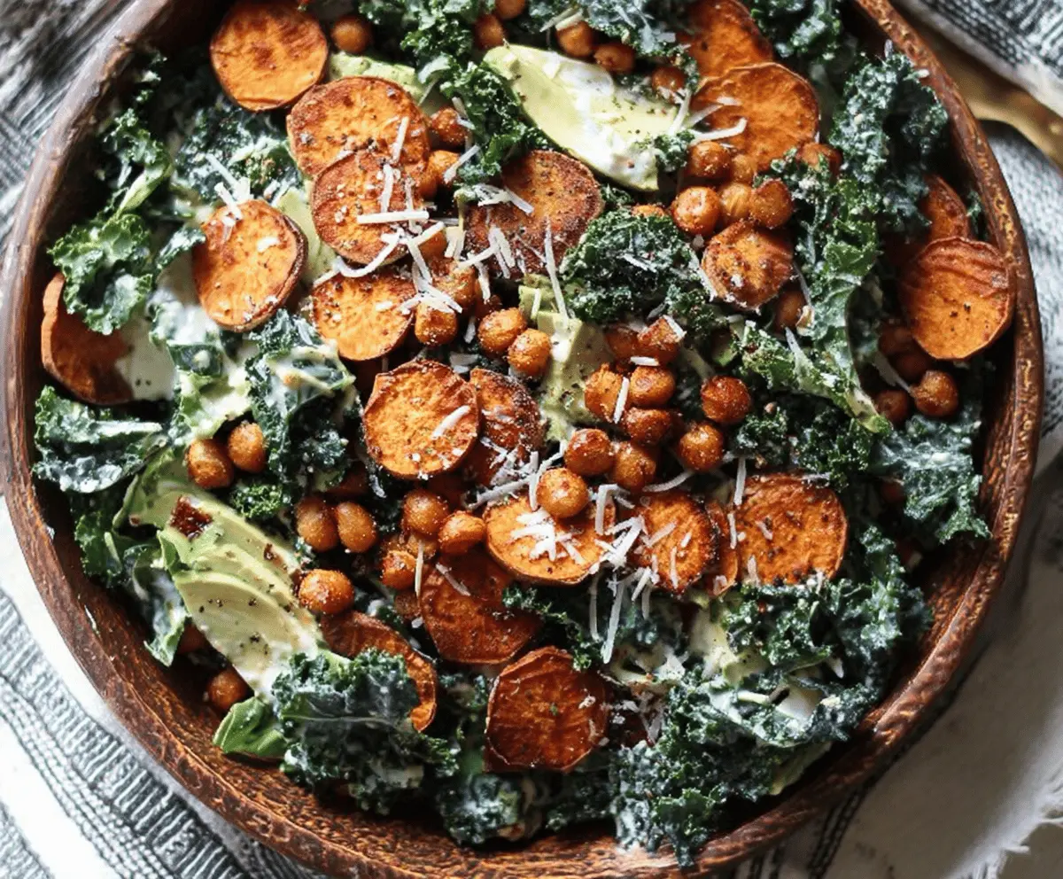 Fresh sweet potato and kale Caesar salad with crunchy croutons and creamy dressing on a white plate