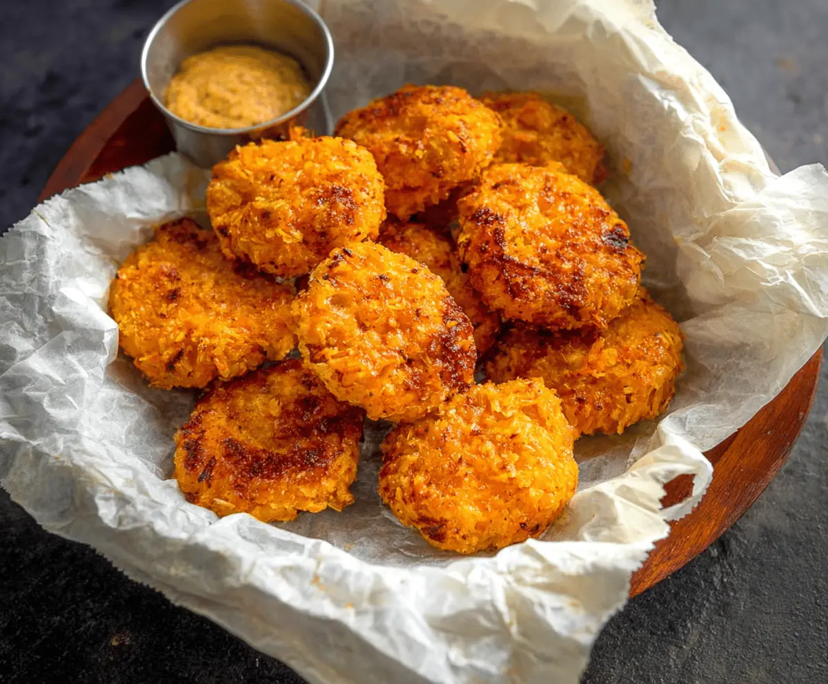 Golden baked sweet potato nuggets garnished with fresh herbs, served as a healthy snack or side dish